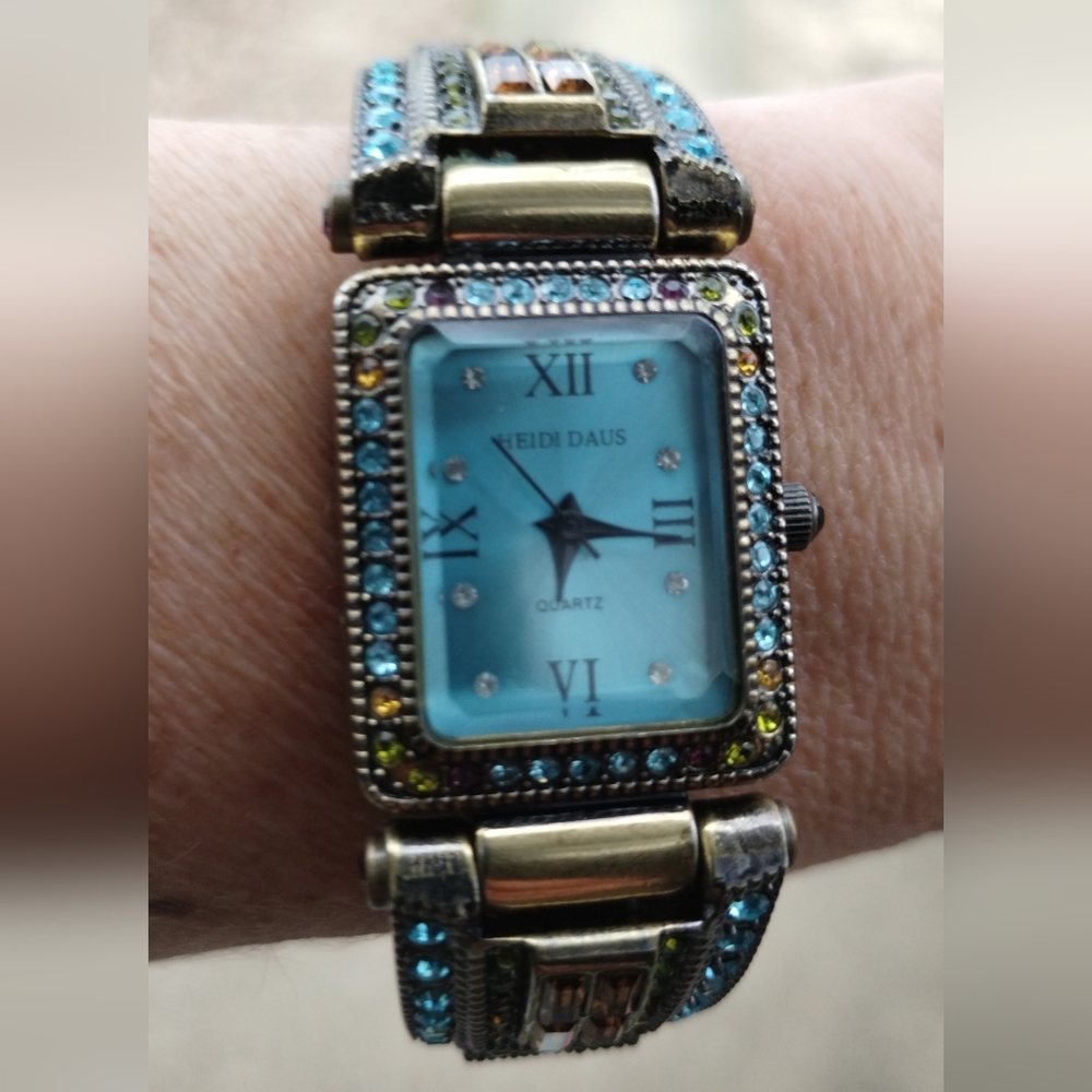 1980s Retired Vintage Heidi Daus Turquoise Crystal Cuff Watch